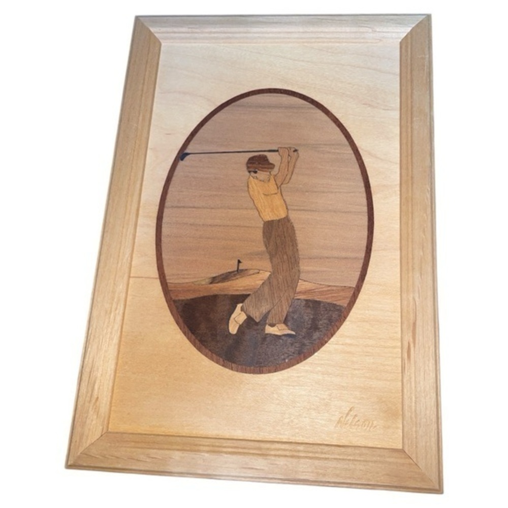 Hudson River‎ Inlay Man Driver Golfer Marquetry Wood Golf Wall Art Nelson